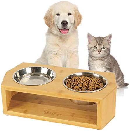 Hankey ペットボウル 犬 猫 食器 犬用 Sサイズ フードボウル ペット食器台 フードボウルスタンド 餌皿 水入れ ステンレス製 竹製 小型犬 中型犬 猫用 S