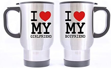 Romantic "I Love My Boyfriend/I Love My Girlfriend" (Twin Side) Custom Travel Coffee/Tea Mug (Sliver/14Ounce)A Couple Of Mugs For Couples(Wedding Anniversary,Valentine's Day,Engagement)