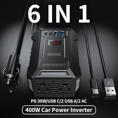 400W Car Power Inverter DC 12V to 110V AC Inverter with PD 30W/15W USB C+2*USB A Ports & 2 AC Outlets, Car Plug Adapter Outlet for Laptop/Phone/Road Trip