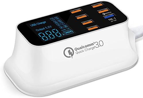 SLL Fast Charging Station Multiple USB Charger,40W/8A 8 Port Desktop Charger Hub with 1 Type C Port and 1 Quick Charge 3.0 port, Led Display Power Adapter for Huawei, iPhone, Samsung, LG and More
