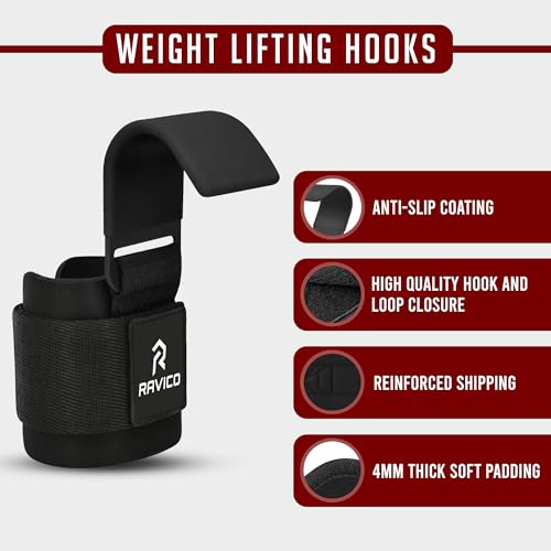 RAVICO Weight Lifting Hooks Grips for Men & Women - Premium Lifting Hook Straps with Neoprene Padded Wrist Support - Heavy Duty Hand Grips for Powelifting,Deadlifts, Shrugs & Pull-Ups for Gym Workout
