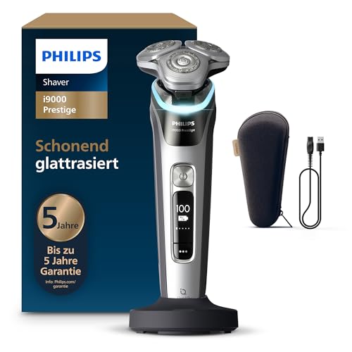 Philips Rasierer i9000 Prestige, elektrischer Nass- und Trockenrasierer für Herren mit integriertem Trimmer, dunkelgrau-silber, Drucksensor, Ladestation und Reiseetui (Modell XP9204/10)