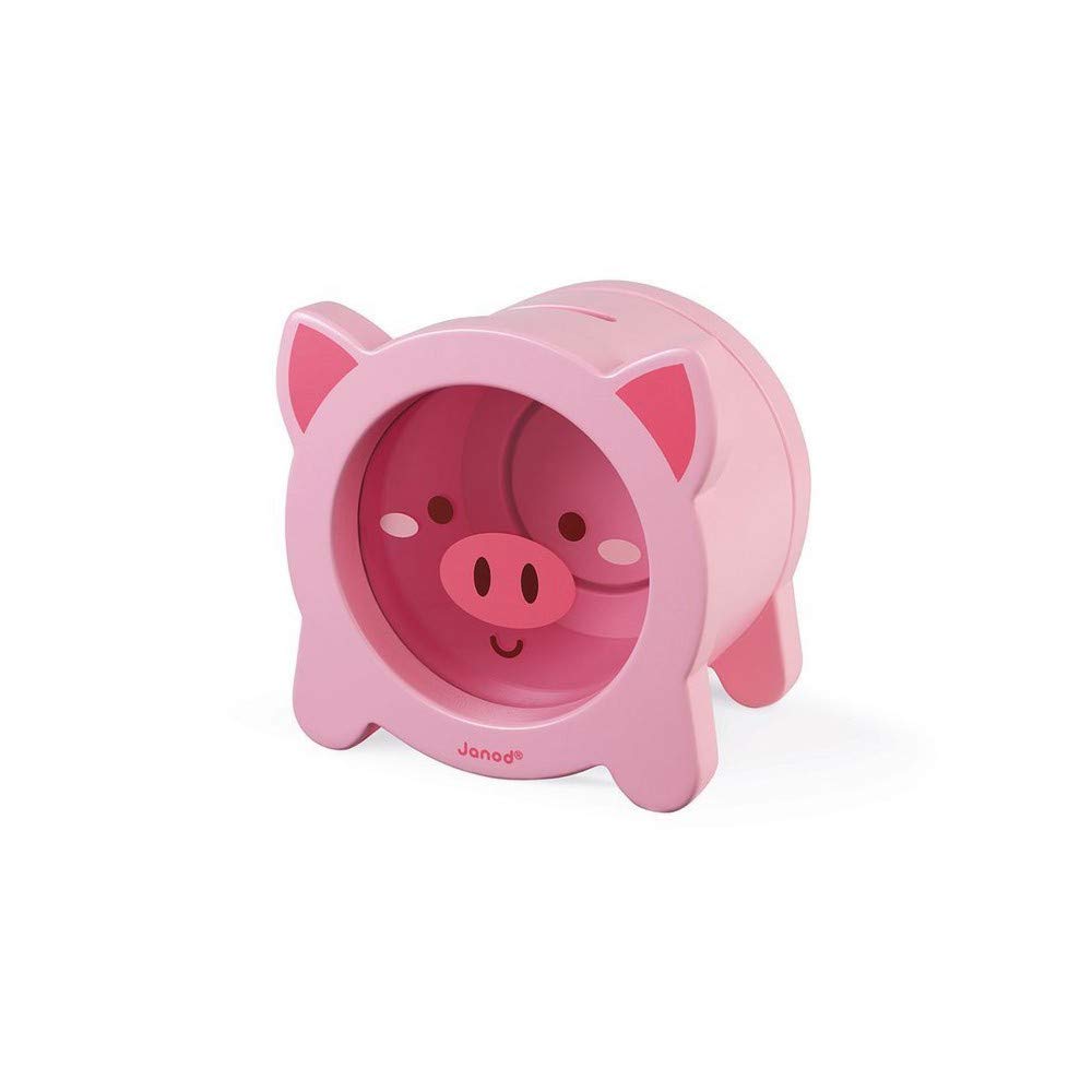 Janod - Wooden Piggy Money Box - Transparent Front and Magnetic Opening - Children's Room Decoration - Ages 3+, J04653