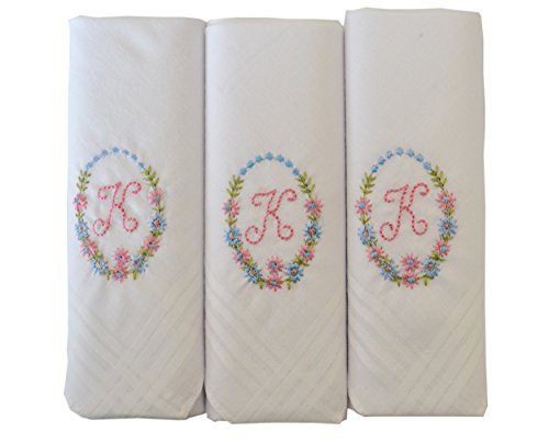 3 Pack Of Womens/Ladies Embroidered Initials Handkerchiefs With White Satin Border, Various Initials