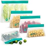 Reusable Storage Bags - 5 Pack Stand-UP Freezer Bags (2 Reusable Sandwich Bags + 2 Reusable Snack Bags + 1 Reusable Lunch Bag)- Extra Thick Leakproof Ziplock Bag for Food Storage BPA Free