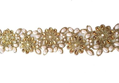 Lace in Golden Color Hand(Stone) & Embroidery Work. Indian Ribbon, Saree Trims, lace, Indian Sari Border, Floral Border and Laces.