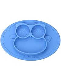 Kirecoo Babies Highchair Feeding Tray Round Silicone Suction Owl Placemat for Children, Kids, Toddlers,Kitchen Dining Table with Built in Plate and Bowl (Blue)