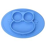Kirecoo Baby Placemat Owl Round Silicone Suction Feeding Plate for Children, Kids, Toddlers,Kitchen Dining Table,Restaurant with Built in Plates and Bowl (Blue)