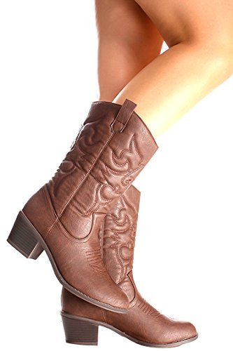 Lolli Couture Ositos Faux Leather Material Stitched Design Casual Knee High Cowboy Boots 7 Brown