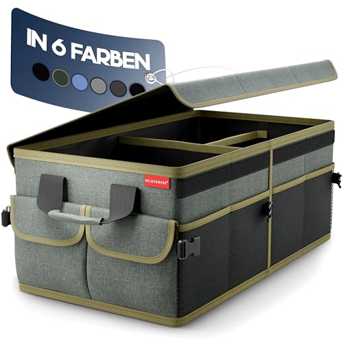 HELDENWERK Premium Kofferraum-Organizer mit Deckel stabil & rutschfest - Faltbare Auto Kofferraumtasche groß mit doppelten Böden - Kofferraumbox, Koff