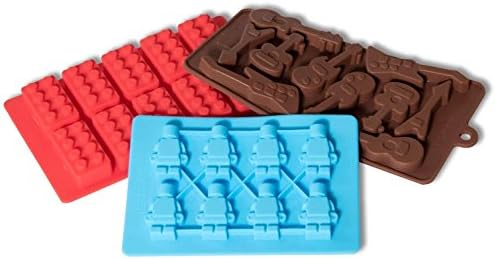 Ice Cube Tray Silicone and Candy Mold 3-Pack includes Guitars, Legos, Robots. Durable, Flexible and Easy-to-use for Parties and Kids Play.