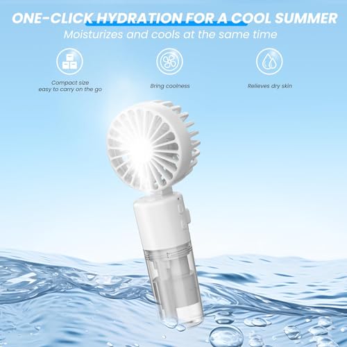TERRIFI Mini Handheld Fan with Water Mist Spray - USB Rechargeable Portable Fan with 4 Speeds, Folding Design, and 55ml Water Bottle - Powerful Travel Desk Fan for Holiday, White