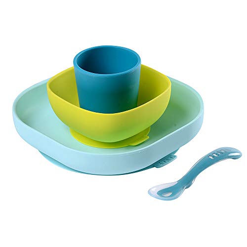 Beaba Set Vaisselle Silicone Assiette Et Bol Ventouse Cuillere Pour Bebe Et Enfants 4 Pieces Bleu Reconditionne Reepeat