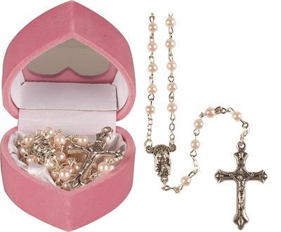 GIRL PINK Baby's First 1st ROSARY BEADS GLASS Rosaries PEARL EFFECT
