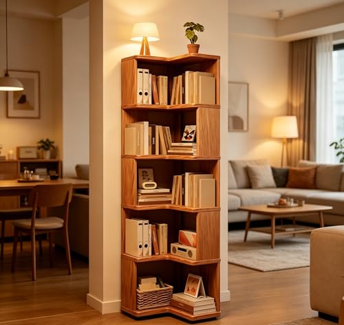 KINTOP Estante Angular para Esquinas, Librero Esquinero de Madera Maciza - Mueble Multinivel para Libros y Adornos, Ideal para Sala, Estudio o Dormitorio(40 * 40 * 161 CM)