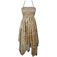Mogul Interior Womens Gypsy Silk Sundress Recycled Sari Handkerchief Hem Resort Beach Halter Sundress One Size