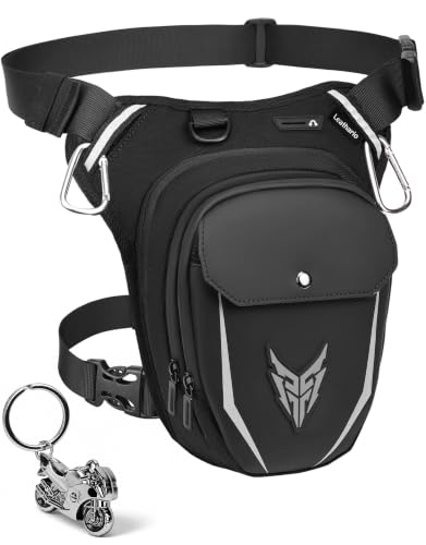 Leathario Expandable Motorcycle Leg Bag with Adjustable Straps, Multifunctional Waterproof Leg Bag for Motorcycle Cycling Hiking with Carabiners and Reflective Strips, Black - Grey Label