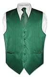 Men's Dress Vest NeckTie EMERALD GREEN Color Vertical Stripe Design Neck Tie Set