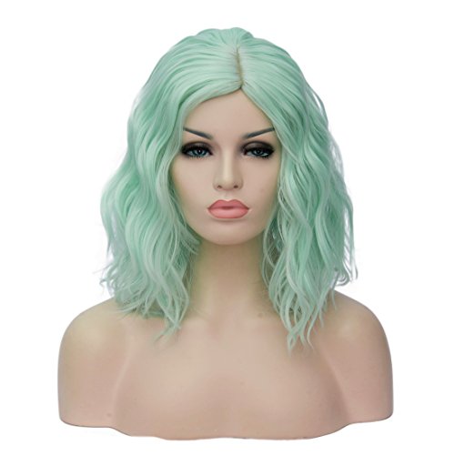 MildisoMint Green Wigs for Women 14'' Short Mint Bob Wig Curly Wavy Cute Soft Wig with Wig Cap M004E