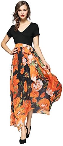 Joy EnvyLand Women V Neck Tunic Floral Chiffon Evening Party Maxi Swing Dress