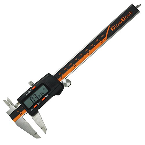 UPC 605749013481, GlowGeek Electronic Digital Caliper Inch/Metric/Fractions Conversion 0-6 Inch/150 mm Stainless Steel Body Orange/Black Extra Large LCD Screen Auto Off Featured Measuring Tool