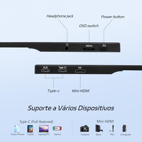 Monitor Portátil IPS 15.6" Full HD 1080p, Ultrafino, USB-C/HDMI, Capa Inteligente e Alto-falantes - Extensor de Tela para Laptop e Viagem
