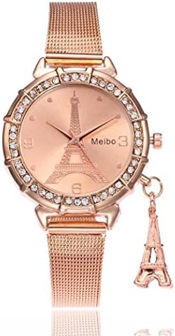 Alixyz Fashion Women Watch Eiffel Tower Stainless Steel Classic Round Analog Quartz Minimalist Wrist Watch (Rose Gold)