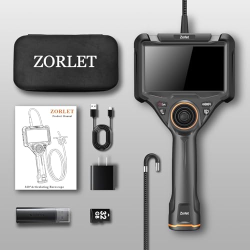 Zorlet 4-Way Articulating Borescope with 5'' Monitor, 6.2mm Borescope Camera with Light, IP68 Waterproof Endoscope Inspection Camera, 5FT Semi-Rigid Cable for Pipe, Wall & Automotive
