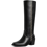 LOHEK Womens Knee High Boots Chunky Square Toe Block Heel with Side Zipper Studded Metallic Rivets Riding Boots Fashion 2025