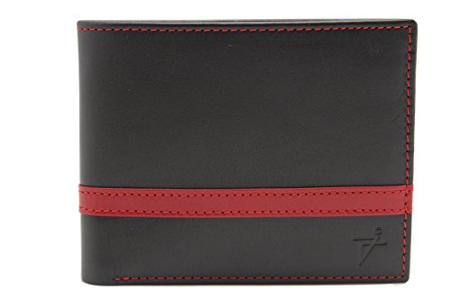 Genuine Calf Leather Black & Red Bi-fold Wallet Quinn Flip ID with Gift Box (53-27)
