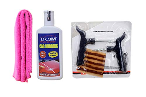 DR3M LBLQQ6602-RUBBING Polish Scratch Remover 200ml+ Pink CAR Microfiber Cloth + Panchar kit (Master Combo Pack)