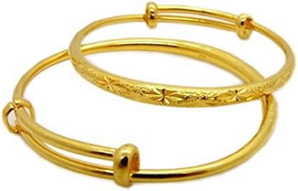 Skyjewelry 2pcs Expandable Bracelet Solid 24k Yellow Gold Plated Carved Star Children's Bangle Gift