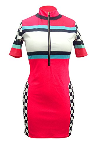 Kafiloe Women Casual Polo Neck Short Sleeve Front Zipper Bodycon Pencil Midi Dress Sexy Party Clubwear Red S