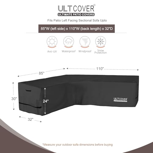 ULTCOVER Patio L-Shaped Left Facing Sofa Cover Waterproof for 6-Seater Outdoor Sectional Furniture Couch 85x110 inch Wide, Black