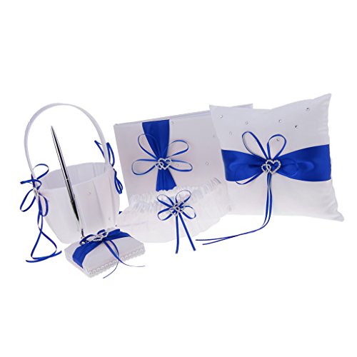 SunniMix Pieces of 5 Wedding Set Guest Book and Pen Stand Flower Girl Basket Ring Cushion Ring Holder Ring Bearer Garter Keepsake Memorial - Blue, as described