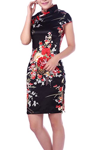YICHUN Women Short Dress Chinese Cheongsam Qipao Floral Party Dress Black