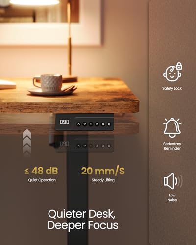 VASAGLE Electric Standing Desk, Height Adjustable Desk, Sedentary Reminder, 4 Memory Heights, for Home Office, 120 x 60 cm, Rustic Brown ULSD312KD02