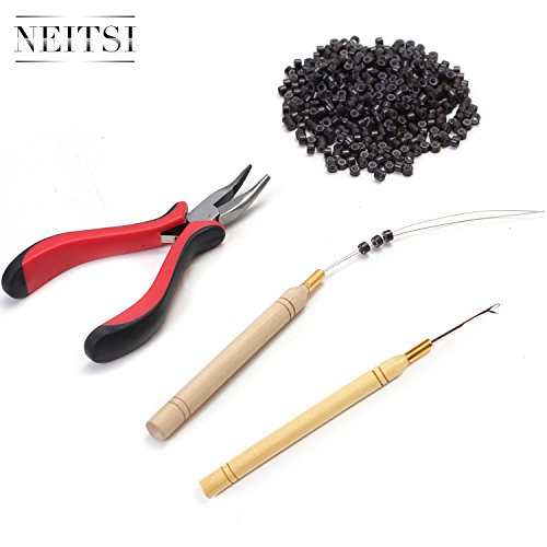 Neitsi Hair Extension Remove Pliers + Pulling Hook + Bead Device Tool Kits + 500pcs Micro Rings (Dark Brown# Beads)