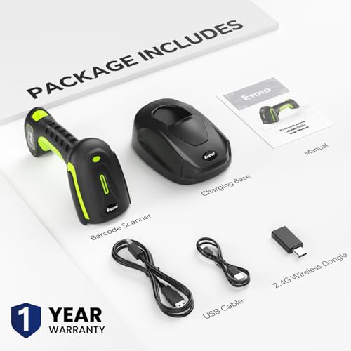 Eyoyo 2D QR Industrial Barcode Scanner with Wireless Charging Stand, Rugged Heavy Duty & IP65 Waterproof 3-in-1 Bluetooth & Wireless & USB Hands-Free Barcode Reader for Laptop Desktop Tablet Android