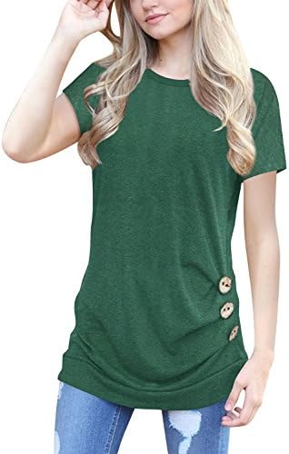 Lifenee1 Women's Casual Round Neck Short Sleeve Side Button Tunic Tops Dark Green XL