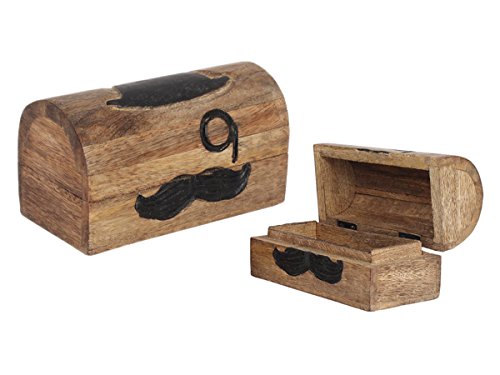 Vintage Style Set of 2 Wooden Keepsake Storage Box Multipurpose Jewelry Trinkets Makeup Collectibles Holders with Black Moustache Design