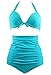 COCOSHIP Solid Black Elegant Vintage High Waisted Bikini Ruched Swimsuit Halter Swimwear(FBA)