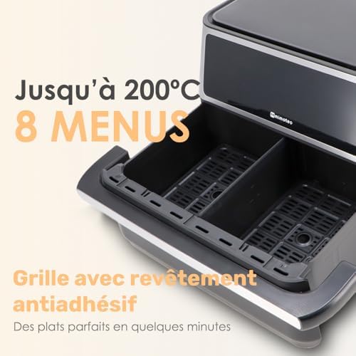 - Double Touch 11 L (5,5 + 5,5 L), Friteuse à air double sans huile, 2850W, 10 menus, écran tactile, minuterie réglable de 60 minutes, 80-200 °C, cuisson facile et saine