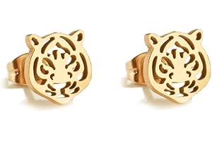 IZPACK Simple Tiger Head Stud Earrings Stainless Steel for Women Teen Girls Hollow Animal Cartilage Pierced Hypoallergenic Studs Earring Cute Jewelry Gifts