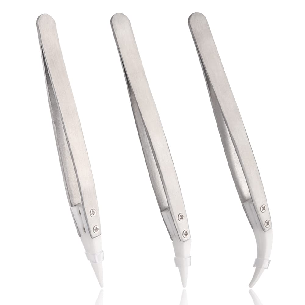 Mesee 3 Pieces Precision Ceramic Tweezers Set, Antistatic Pointed & Curved Tips Tweezers with Stainless Steel Handle Non-Conductive Hand Tool for Electronics Soldering Jewelry Making Laboratory Work