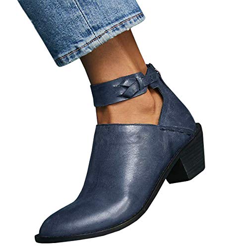 MayBest Womens Cut Out Booties Buckle Strap Back Zipper Leather Stitch Ankle Boots Blue 6 M US