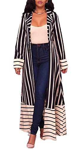 HuiSiFang Women's Casual Striped Long Sleeve Lapel Kimono Cardigans Patchwork Outwear Belted