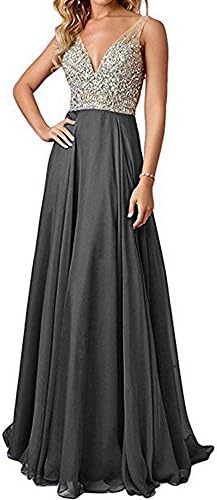 QSYE Women's Beaded Prom Dreeses Long V-Neck Chiffon Evening Gowns 2017 Grey,18w