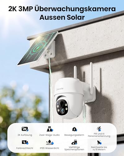 Cinnado Outdoor Surveillance Camera Battery Solar - 2K Wireless Camera Surveillance Outdoor 360° PTZ 2.4 GHz WiFi Outdoor Camera with Solar Panel, PIR Motion Sensor IP65, Colour Night Vision, 2-Way