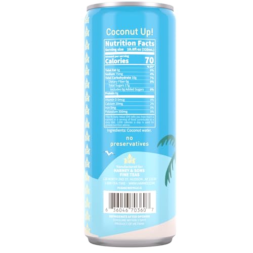HARNEY & SONS COCONUT WATER, NATURALLY REFRESHING, NATURAL ELECTROLYTES FOR HYDRATION, NO PRESERVATIVES, 10.8 FL OZ CANS (PACK OF 12)